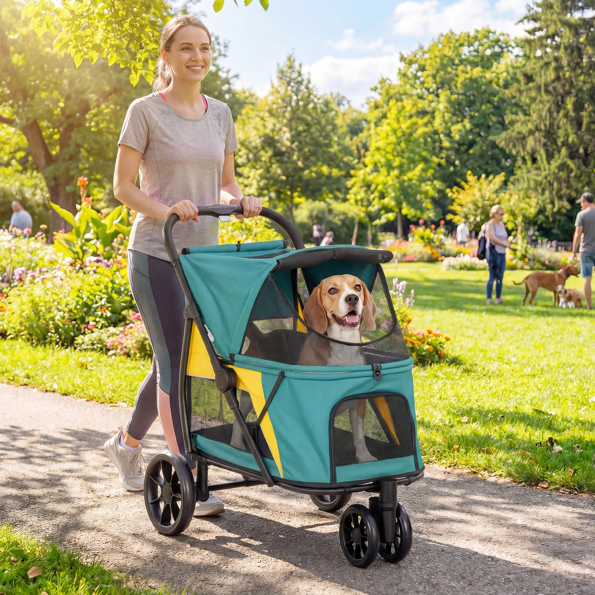 Chariot pliable pour chiens, poussette pour chiens jusqu'à 20 kg, coussin, fenêtre en maille, sac arrière 92x63x95 cm, vert foncé