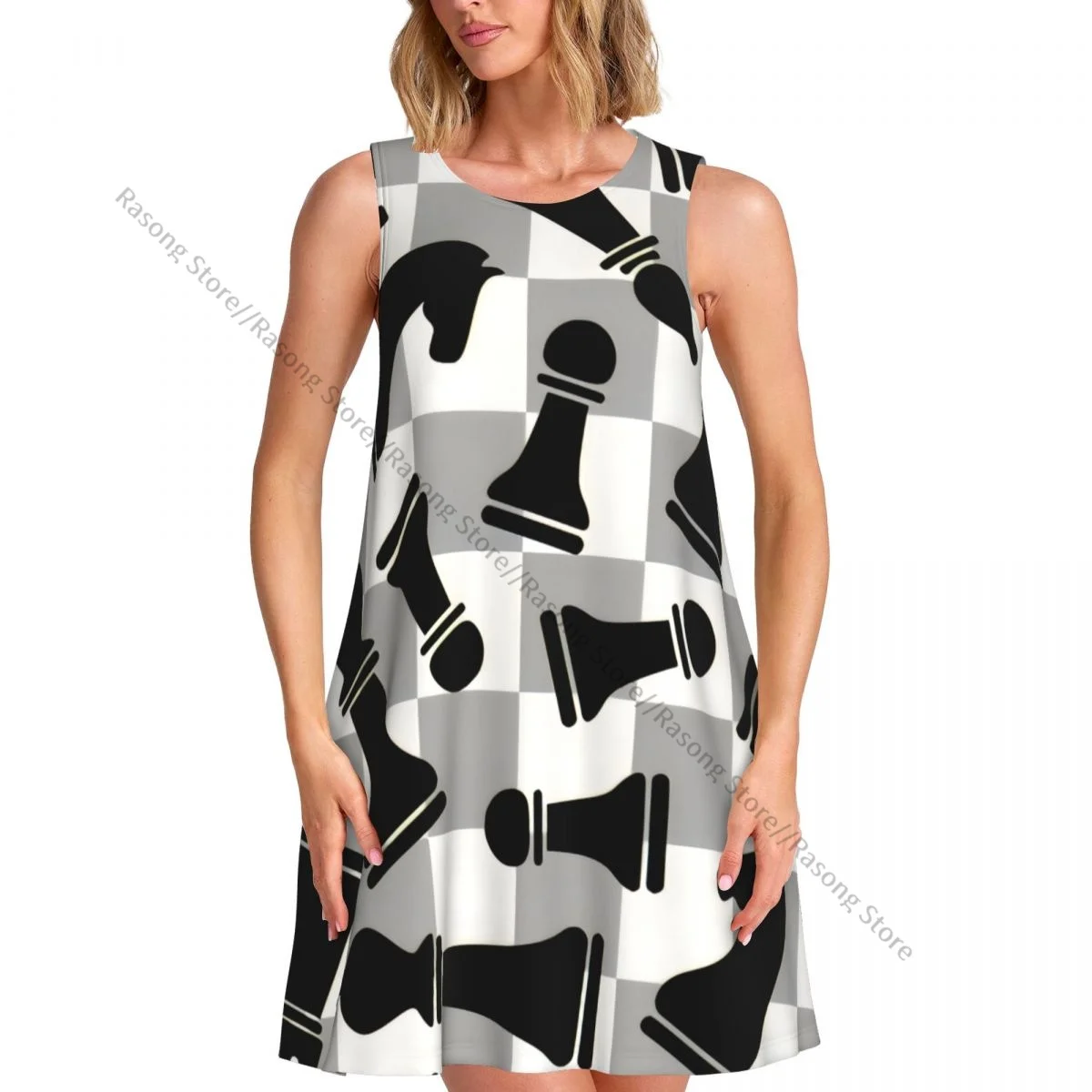 Abito da donna T-shirt casual estiva Abiti da spiaggia Coprispalle con figure di scacchi