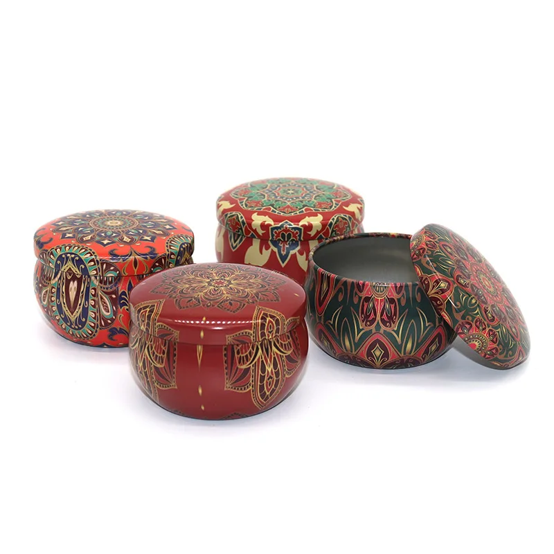 Tin can D65 ethnic style scented candle jar round flower tea candy metal packaging iron box pear paste candy tin can