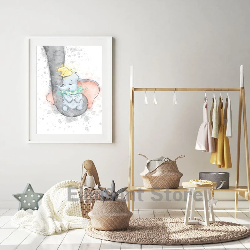 Disney Dumbo Cartoon Watercolor Art Prints Baby Elephant with Mum's Trunk Pastel Poster Canvas Painting Nursery Kids Room Decor