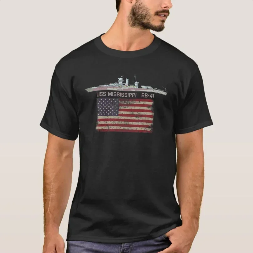 American Flag USS Mississippi BB-41 Battleship T-Shirt 100% Cotton O-Neck Summer Short Sleeve Casual Mens T-shirt Size S-3XL