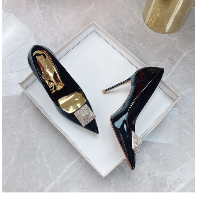 Spring New Luxury Genuine Leather Women\'s High Heels Fashion Rhinestone Pointed Pumps Sexy Party Designer Women\'s Single Shoe 41