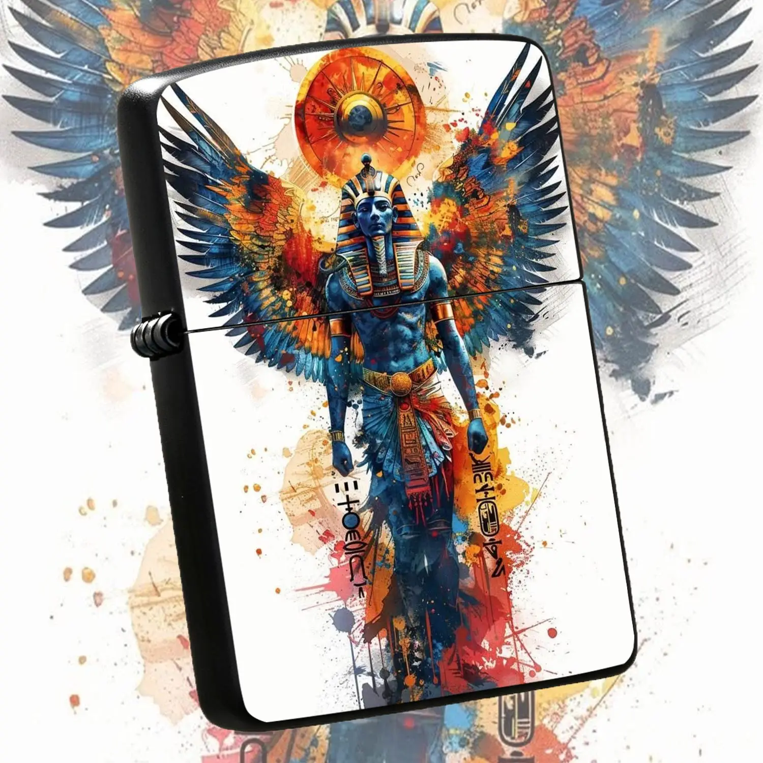 Creative Egyptian Sun God Themed Lighter Vibrant Splashed Ink Wing Art Design Portable Stylish Accessory Suitable For Daily Use Outdoor Travel Gifting Scenes Exquisite Decorative Artwork Unique Cultural Aesthetic Eye-Catching Practical Souv