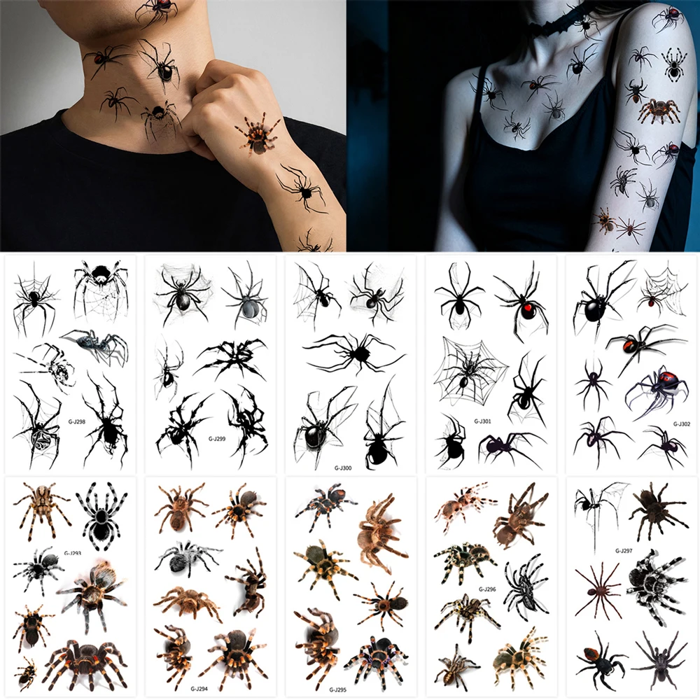 10 Sheets Spider Tattoo Stickers for Halloween Party Body Decor Waterproof Spider Web Temporary Tattoos For Women Men Cosplay