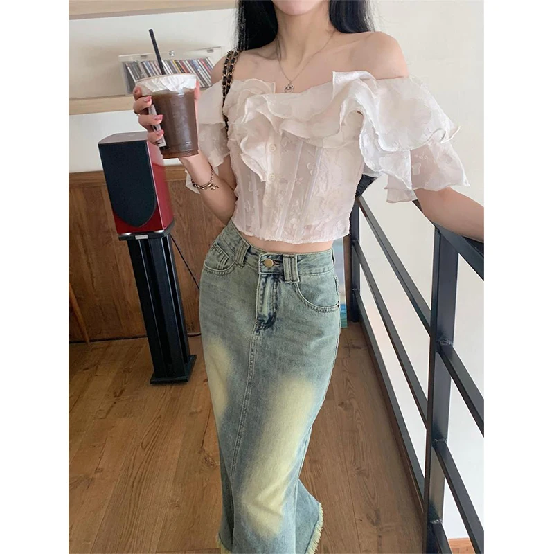 MEXZT Cropped Slash Neck Shirts Women Fashion Black Sexy Off Shoulder Blouses Summer Korean Office Ladies Elegant Slim Crop Tops