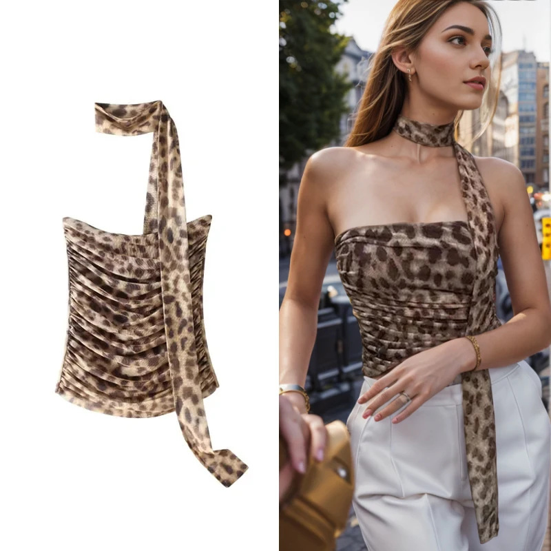 Leopard Print Tops for Women Tulle Tanks Summer Sexy Backless Sheer Mesh Sleeveless Korean Reviews Beach Halter Top Female