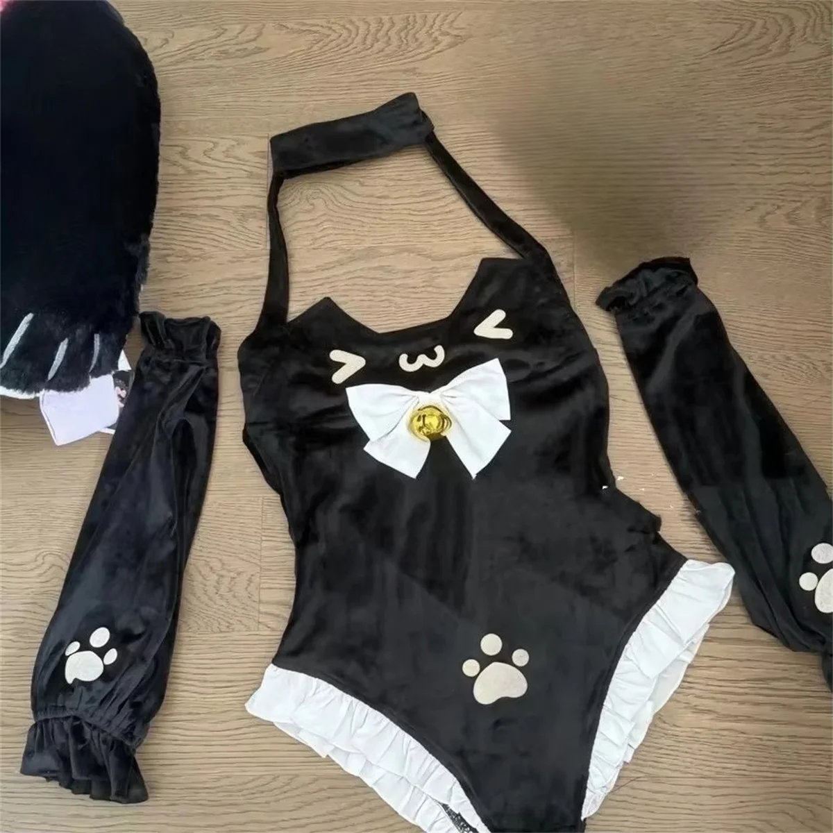 Sexy Cute Japanese Harajuku Halter Slim Fit Bodysuit Y2k Kawaii Cartoon Print Spliced Pleated Jumpsuit Punk with Arm Warmerst