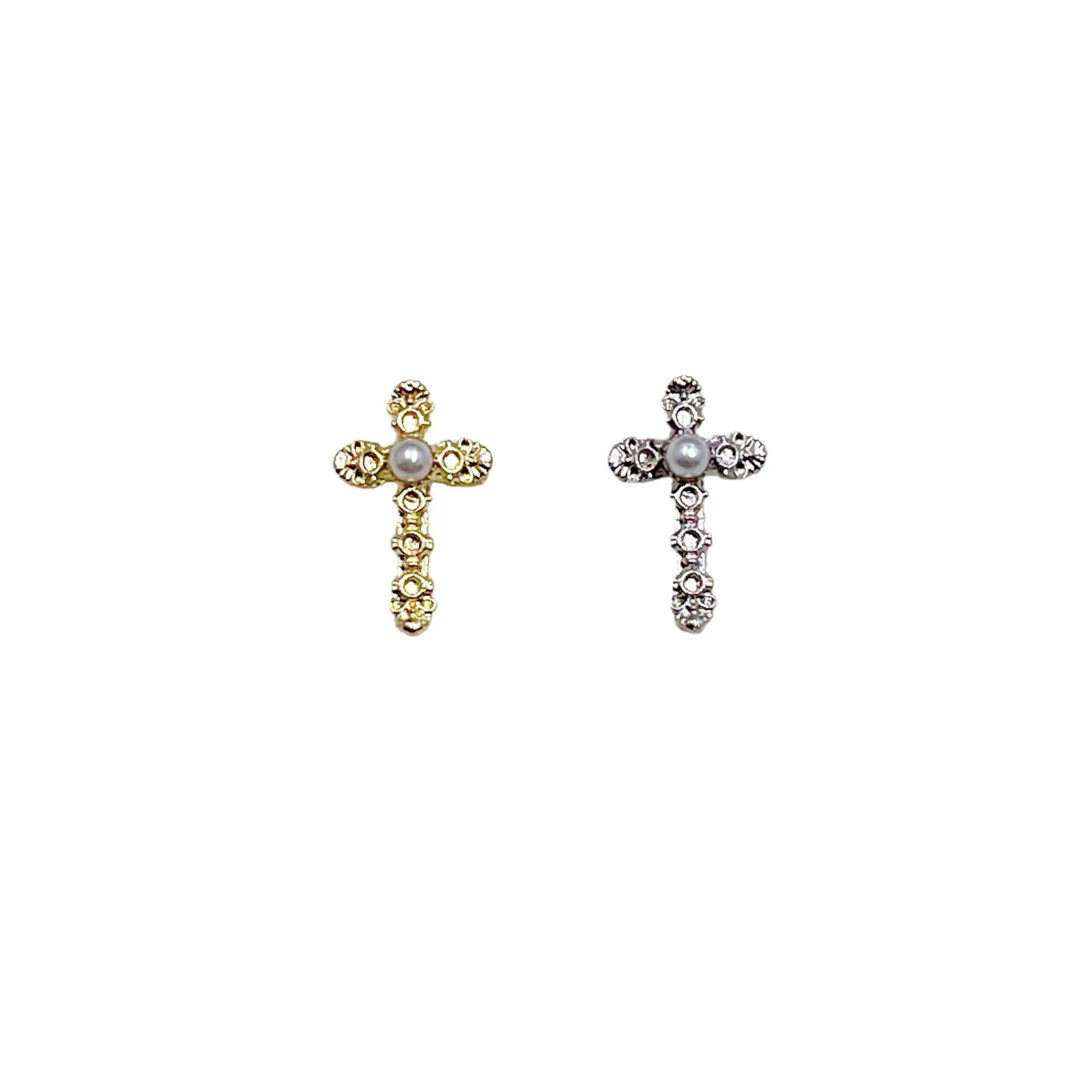 10Pcs Luxury Dark Pearl Cross Nail Decorations Metal Nail Art Charms 3D Alloy Rhinestones Retro DIY Manicure Accessories 9*14mm