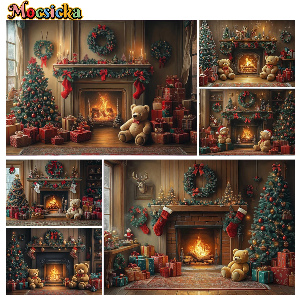 

Mocsicka Winter Christmas Photography Backgrounds Xmas Wreath Bear Holiday Party Family Photo Backdrops Studio Props