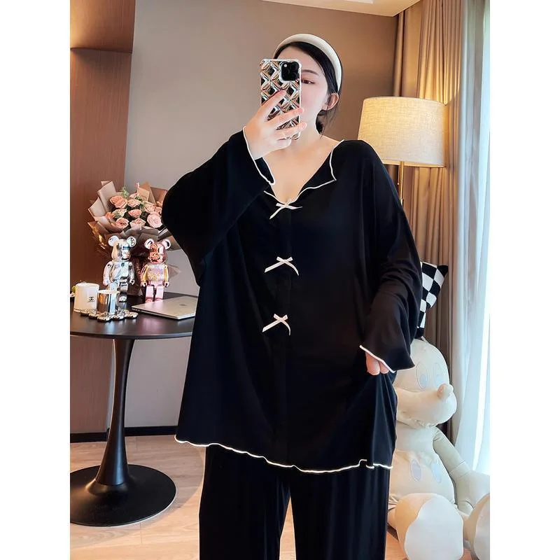 150kg Large Size Autumn Pajama Button Up Long Sleeve Shirt and Trousers Women Loose Home Clothes Solid Bow V-neck Two-piece Set