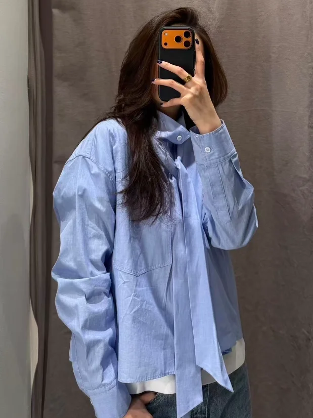 

Early Spring 2026 Casual Style Cotton Shirt Knot Decorated Stand Collar Top Simple Design Commute Fashion Women's C...