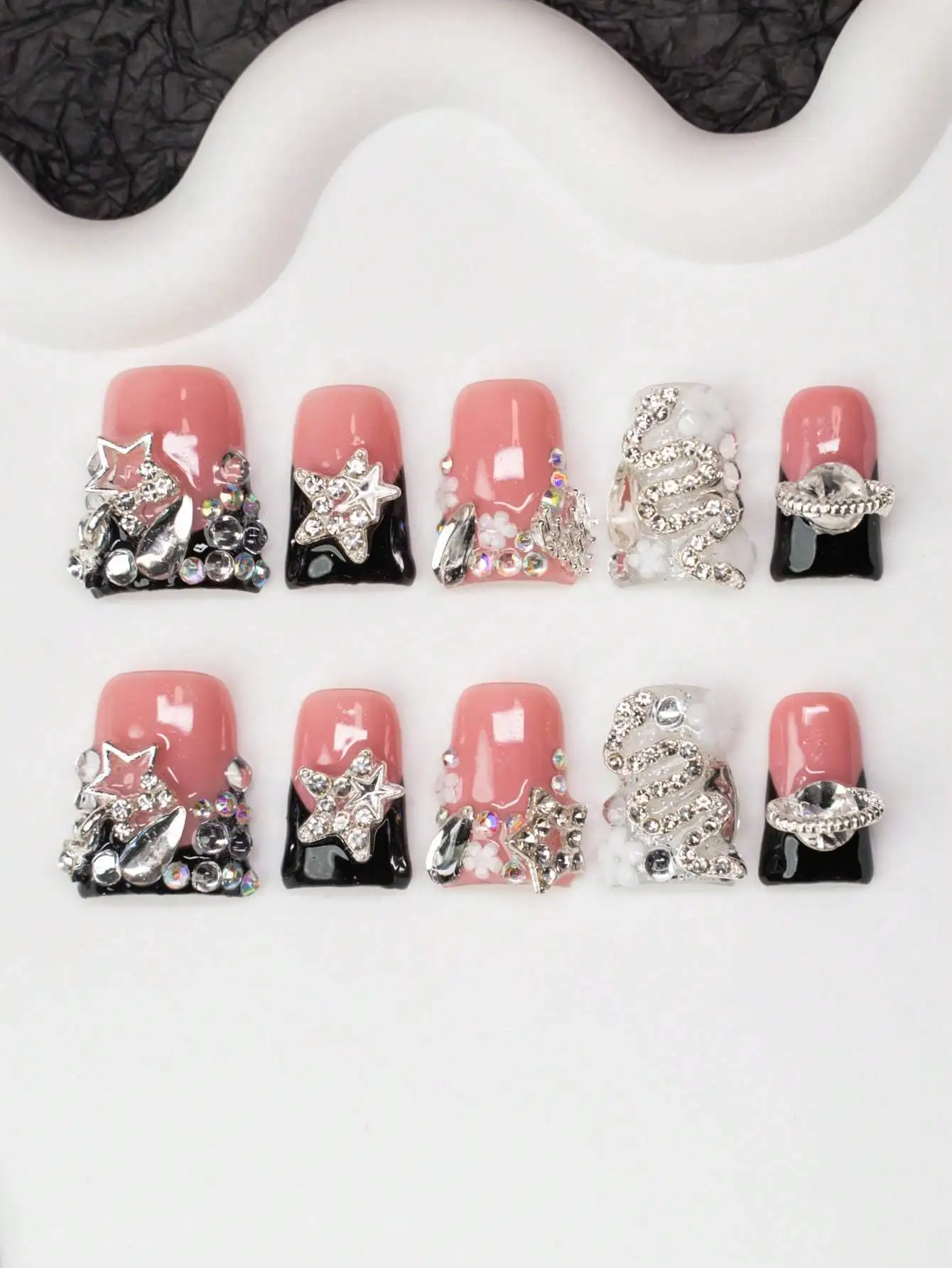 

10pcs Handmade Y2K Duck Mouth Press On Nails Set, Nude Black French Tip with Crystal Snake Flower Planet Star Decor, Almond Fake Nails Kit for Party Daily Wear