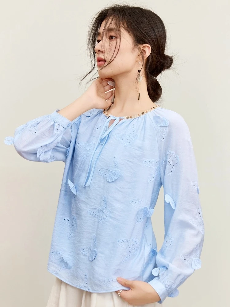 SENTUBILA Women‘s Chiffon Blouse Solid Butterfly Embroidery Lace Tie-Neck Blouse 2025 Autumn Bohemian Loose-fit Shirt 153VA3819