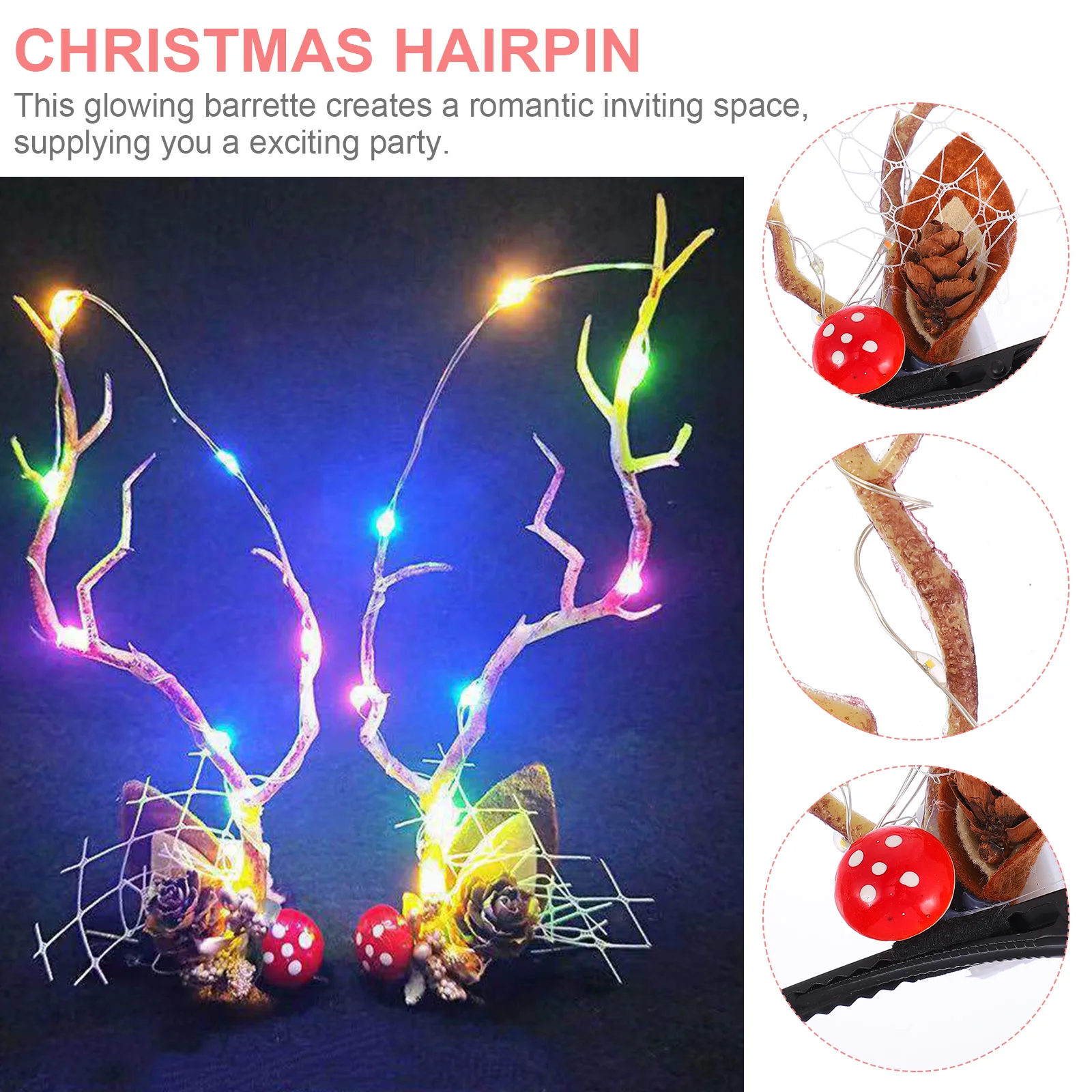 

1Pair Glowing Elk Antlers Hairpins Christmas Hair Clip Deer Horn Barrettes Xmas Reindeer Horn Hair Grip Festival Party Costume