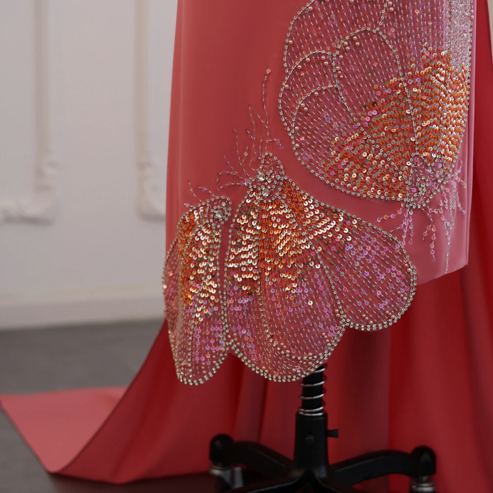 Elegant O-Neck Sleeveless Evening Dresses Fashion Butterfly Beaded Sequined Straight Prom Gowns Women Wedding Party Dresses