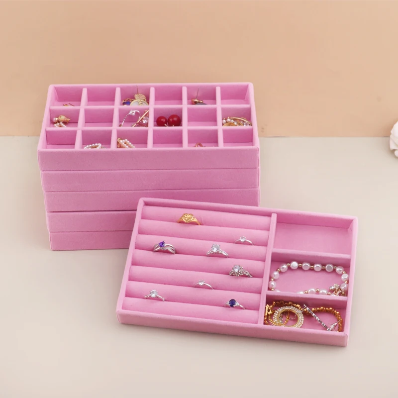 Vassoio per gioielli in velluto Cassetto portaoggetti Piccoli contenitori per gioielli rosa impilabili e confezioni adatti per orecchini ad anello Semplice pratico