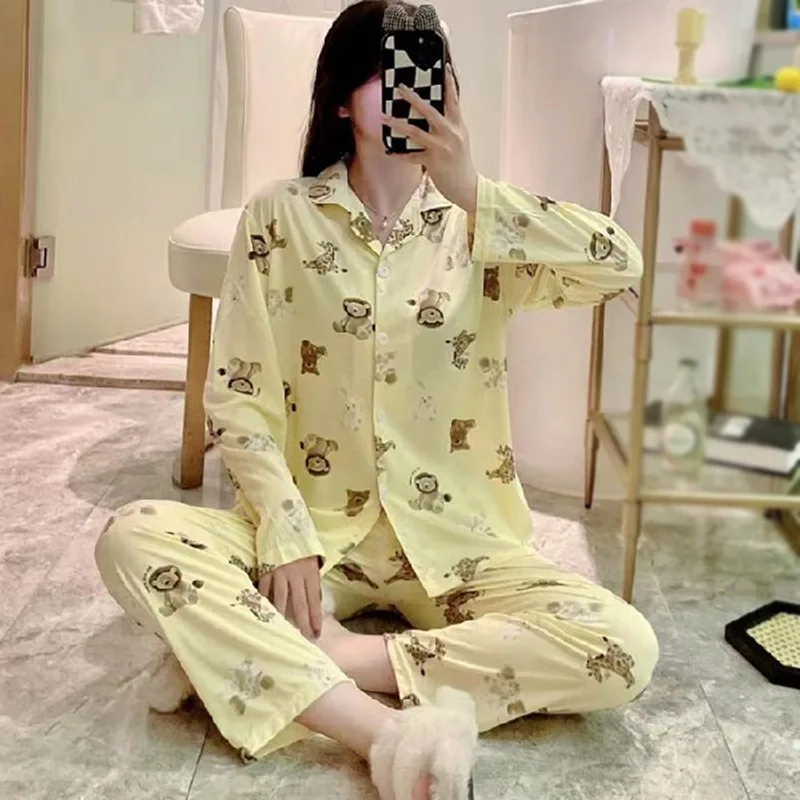 AutumnWomen Pajama Set Milk SilkLong Sleeves Trousers Leopard Spring Anime Sleepwear Pattern Nightwear