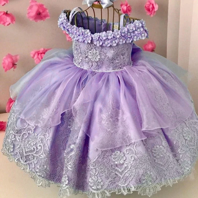 Sky Blue Flower Girl Dresses Lace Tulle Floral Beaded With Big Satin Bow Fit Wedding Party Birthday Princess Ball Gowns