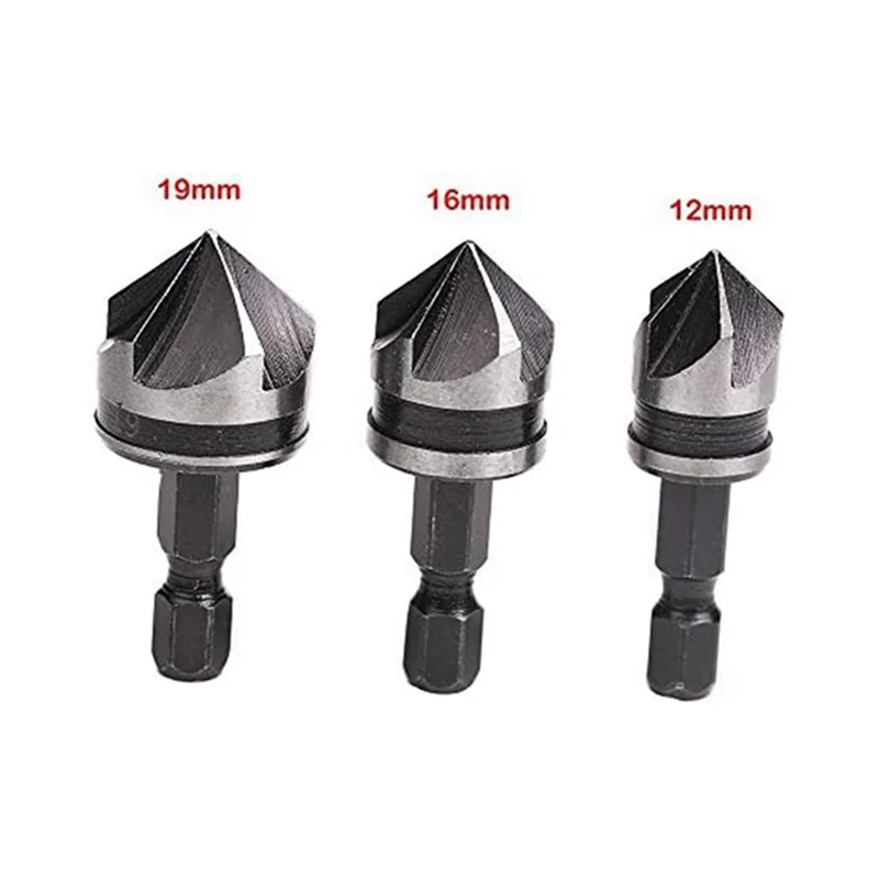 AEE2-3 PCS Juego de orificios de avellanador hexagonales de 1/4 pulgadas de 12/16/19 mm para broca de cambio rápido de metal y madera fácil de usar