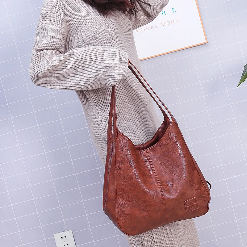 

2024 New Handbag Female Large Capacity Simple Shoulder Bag Retro Soft Leather Multi-compartment Tote Bag