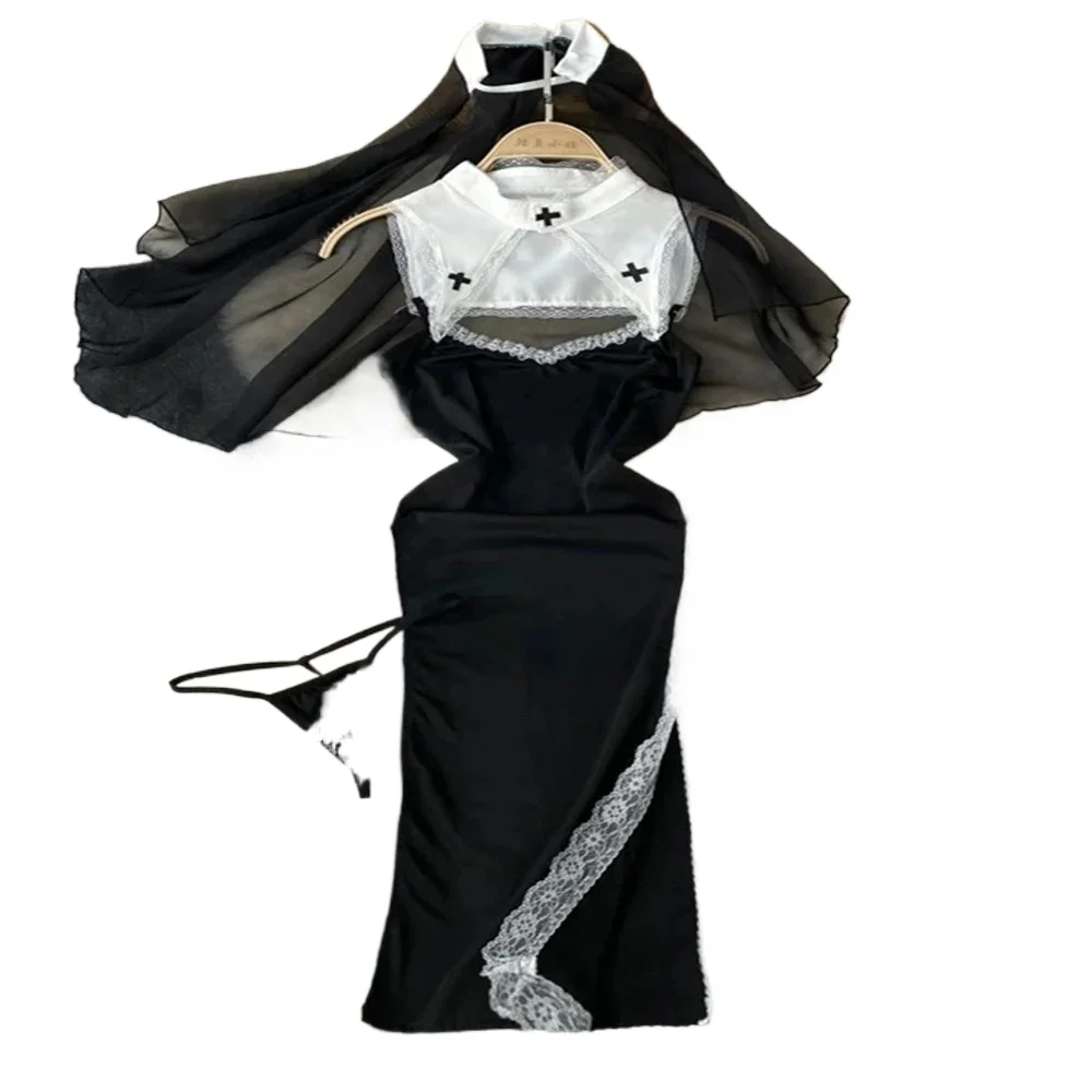 

Nun Cosplay Costume Maid Costume Set With Apron Ruffle Cosplay Vacation Perfect Halloween Outfit Halter Dress Set Outfit Style