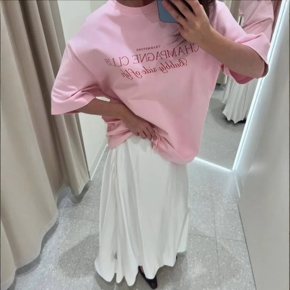 

Минималистичная женская футболка с буквенным принтом в американском стиле с падающими плечами, милая летом, розовая универсальная, свободная базовая