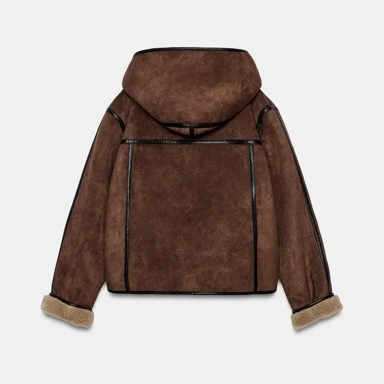 Casual Double-Sided Wear Lamb Fur Jacket Coat Hooded Poly Fiber Women's Loose Fit Long Sleeve Button Closure Autumn New Arrival