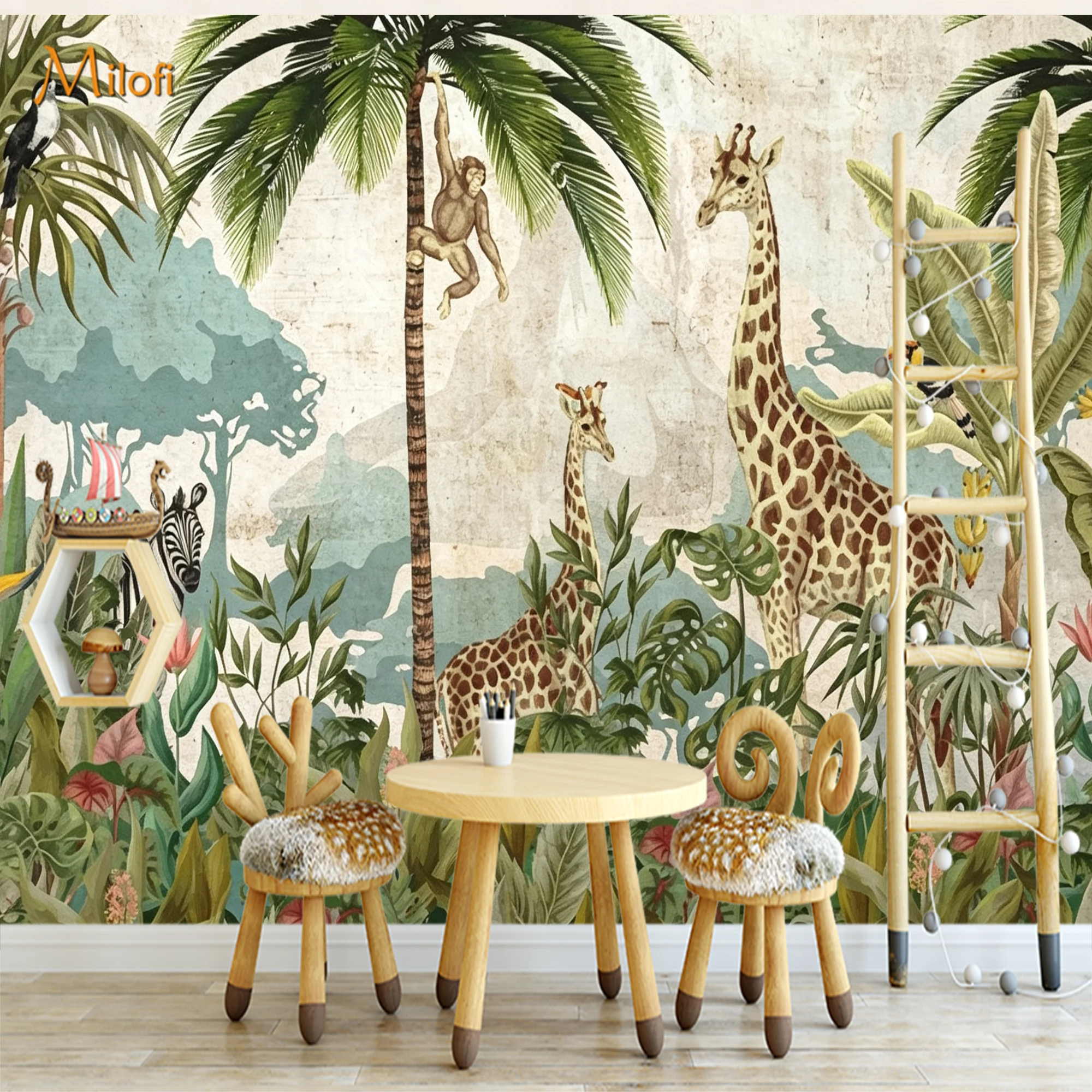 Custom Safari Wall Mural Wallpaper Giraffe  Monkey Tropical Jungle Plant Pattern for Children Kids Bedroom Living Room Wall Deco