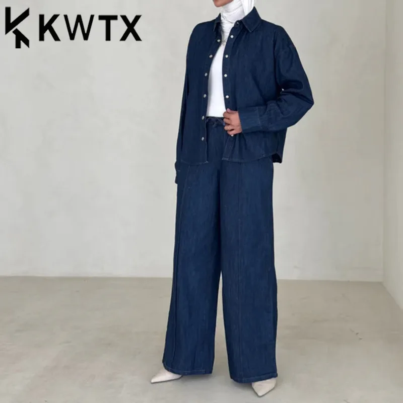 

KWTX 2025 Summer Women's Denim Shirt Pants Set Two Piece Outfit Y2K Retro Wide Leg Trousers Spring Streetwear Casual Chic