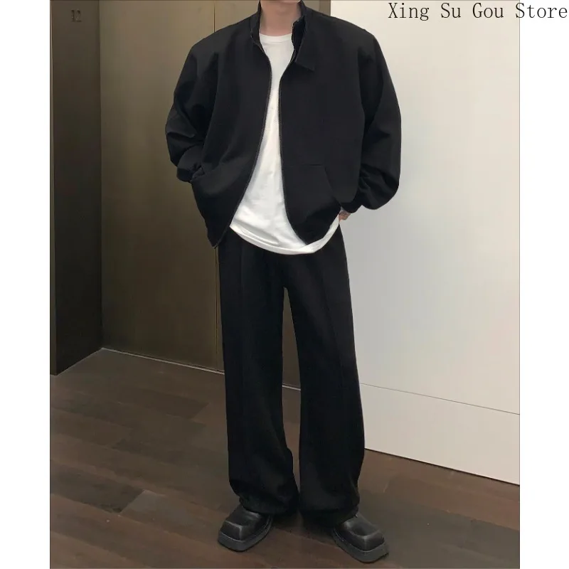 Men's Sports and Leisure Suit Spring and Autumn New Stand Collar Cardigan Coat Men's Suit Loose Gray Hoodie Two-piece Set