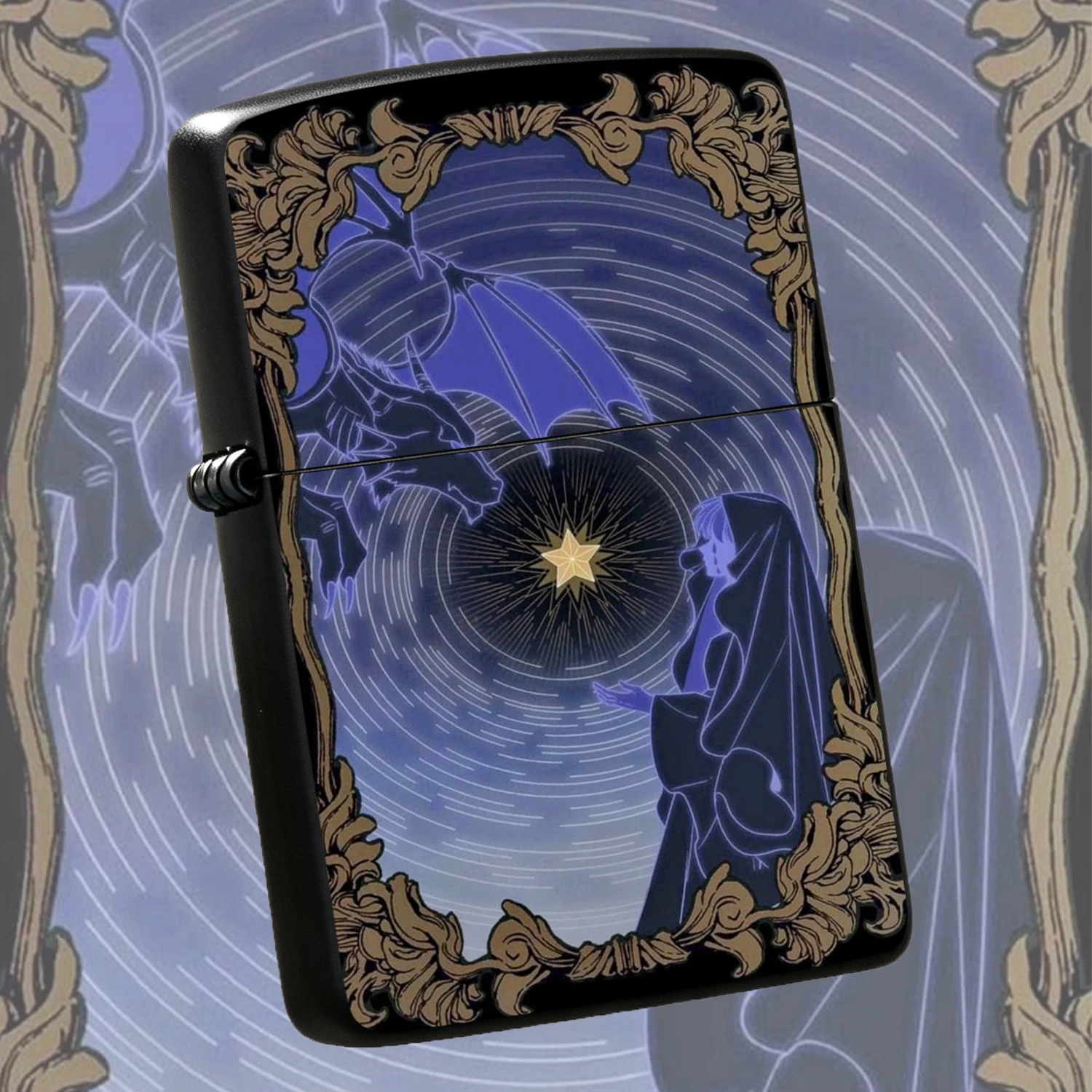 Vintage Gilt Frame Tarot Style, Blue Tone Night Dragon Wishing Saint Aesthetic Personalized , Creative Collectible Gift For Boyfriend Girlfriend, Portable Durable Daily Use Accessory For Rituals Outdoor Camping A Fun And Humorous Lighter
