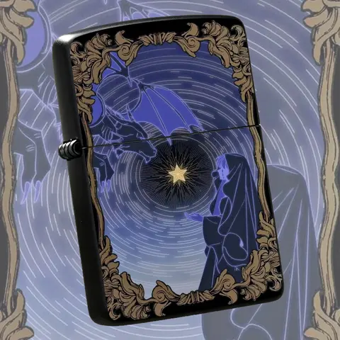 Vintage Gilt Frame Tarot Style, Blue Tone Night Dragon Wishing Saint Aesthetic Personalized , Creative Collectible Gift For Boyfriend Girlfriend, Portable Durable Daily Use Accessory For Rituals Outdoor Camping A Fun And Humorous Lighter