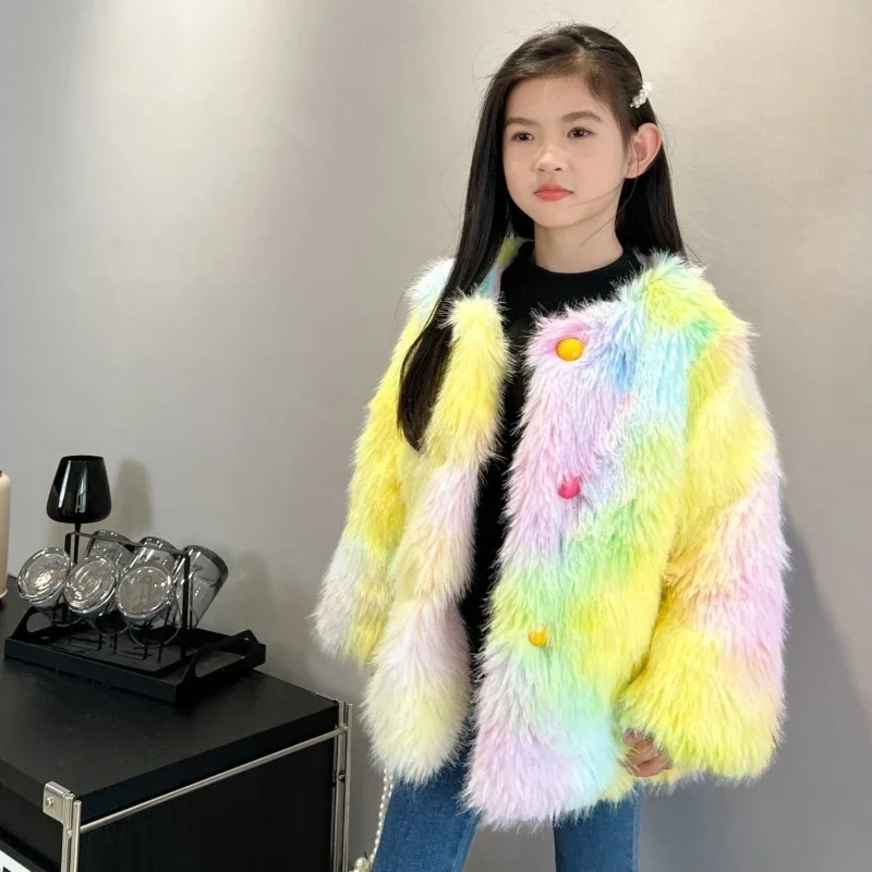 Girls Tie Dye Fur Jackets Winter Children's Faux Fox Fur Coat Kids Thickened Padded Fur Outerwear Girls Multi-colored Fur Tops