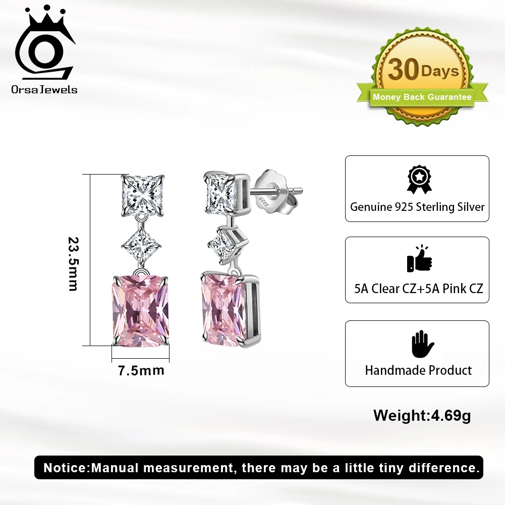 ORSA JEWELS Vintage 5A Clear Pink CZ Dangle Earrings 925 Sterling Silver Ear Drop for Women\'s Rhodium Earrings Jewelry LZE32