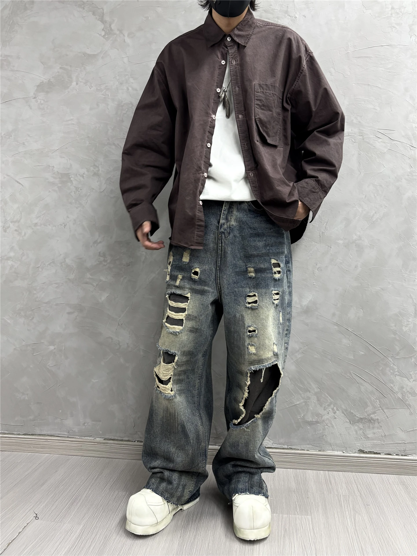 High Street Shirts Men's Pioneer Sand Dune Waste Soil Wind Doing Old Dirty Stained Long Sleeved Coat Loose Casual Shirt Top