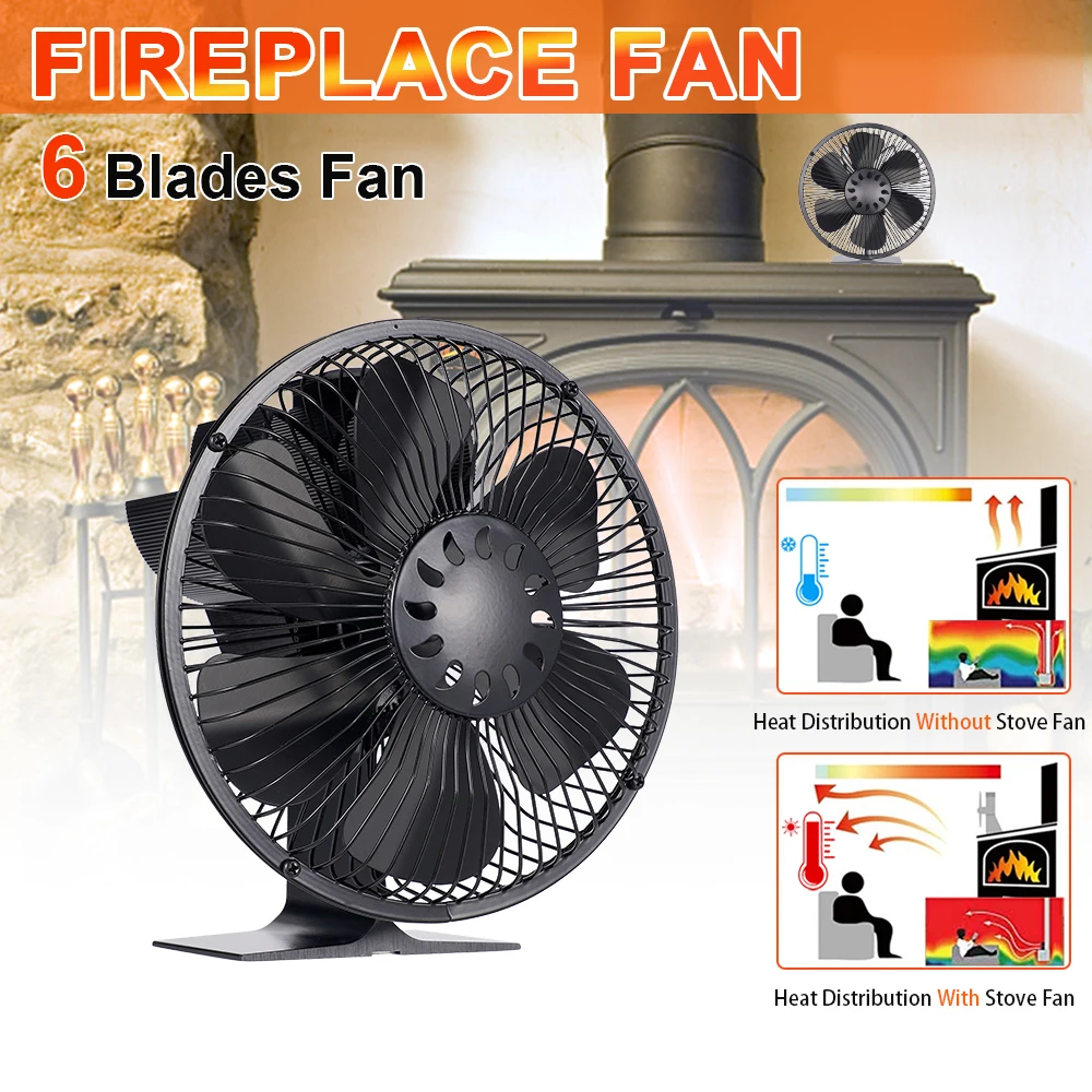 6 Blades Heat Powered Stove Fan With Protective Cover Log Wood Burner Eco Quiet Fireplace Fan Warmer Efficient Heat Distribution