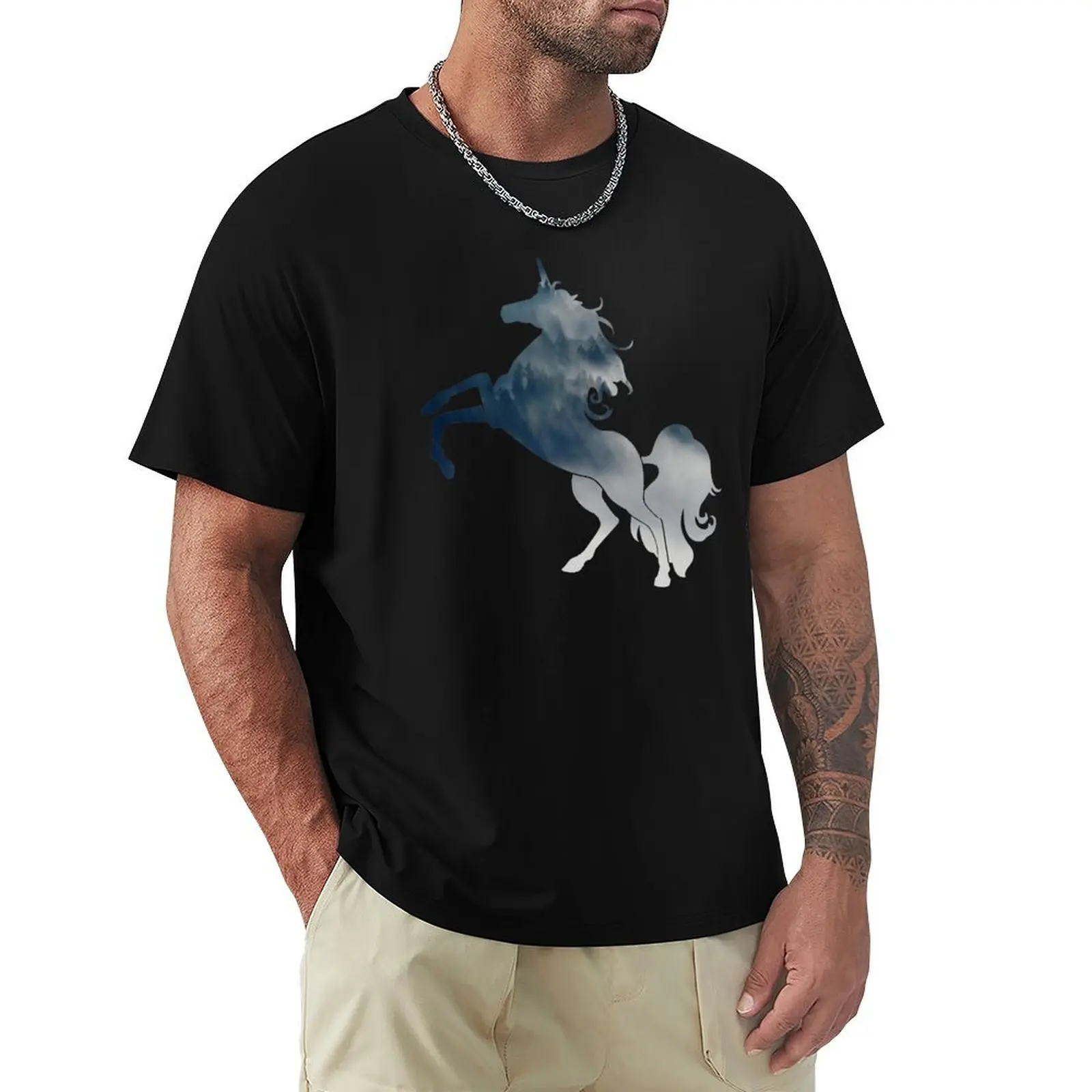 Wanderlust Unicorn Silhouette with Forest Landscape, Trees, Mist and fog black background T-Shirt Blouse T-shirts for men cotton