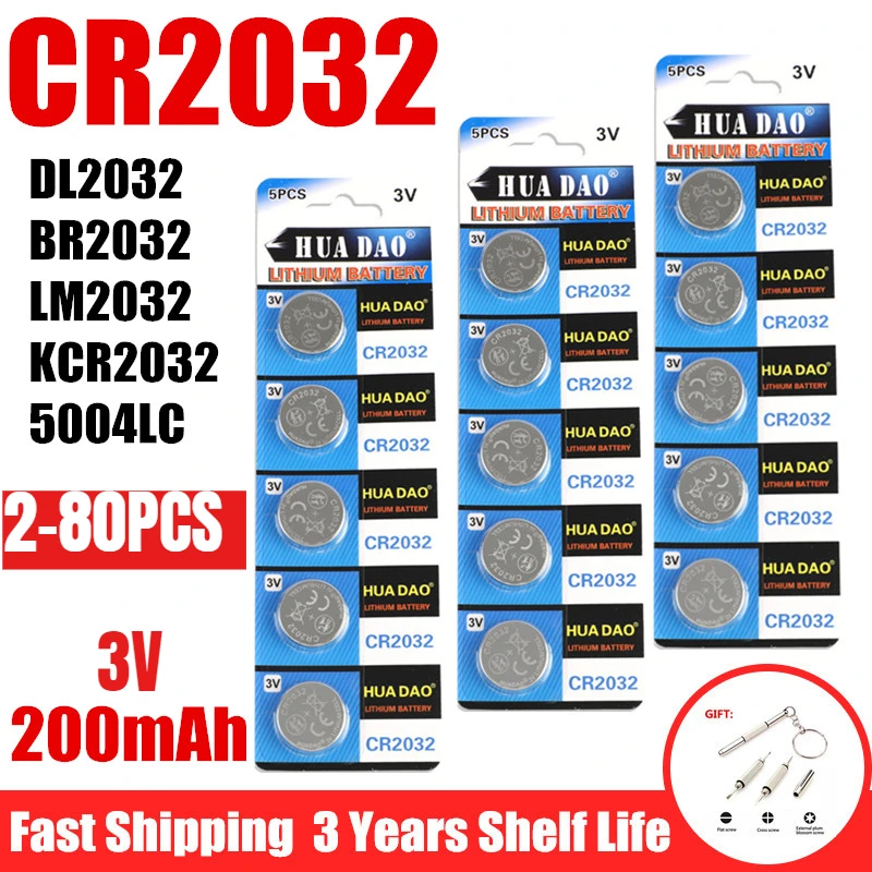 2-80PCS CR2032 5004LC CR 2032 3V Lithium Coin Cell Battery, Watch Toys Electronics Car Key Button Batteries Long Lasting 200mAh