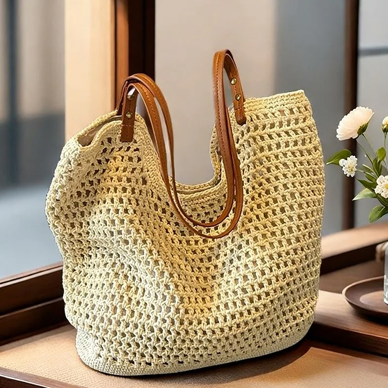 

Boho Crochet Tote Bag Cotton Woven Shoulder Bag Large Capacity Handmade Knitted Beach Bag with PU Handle Casual Shopping Travel