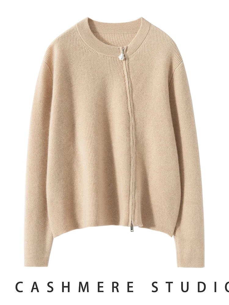 2025 Chic Women 100% Cashmere Sweater Pearl Double Headed Zipper Slanted Placket Cashmere Cardigan Autumn Winter Luxury Soft Top