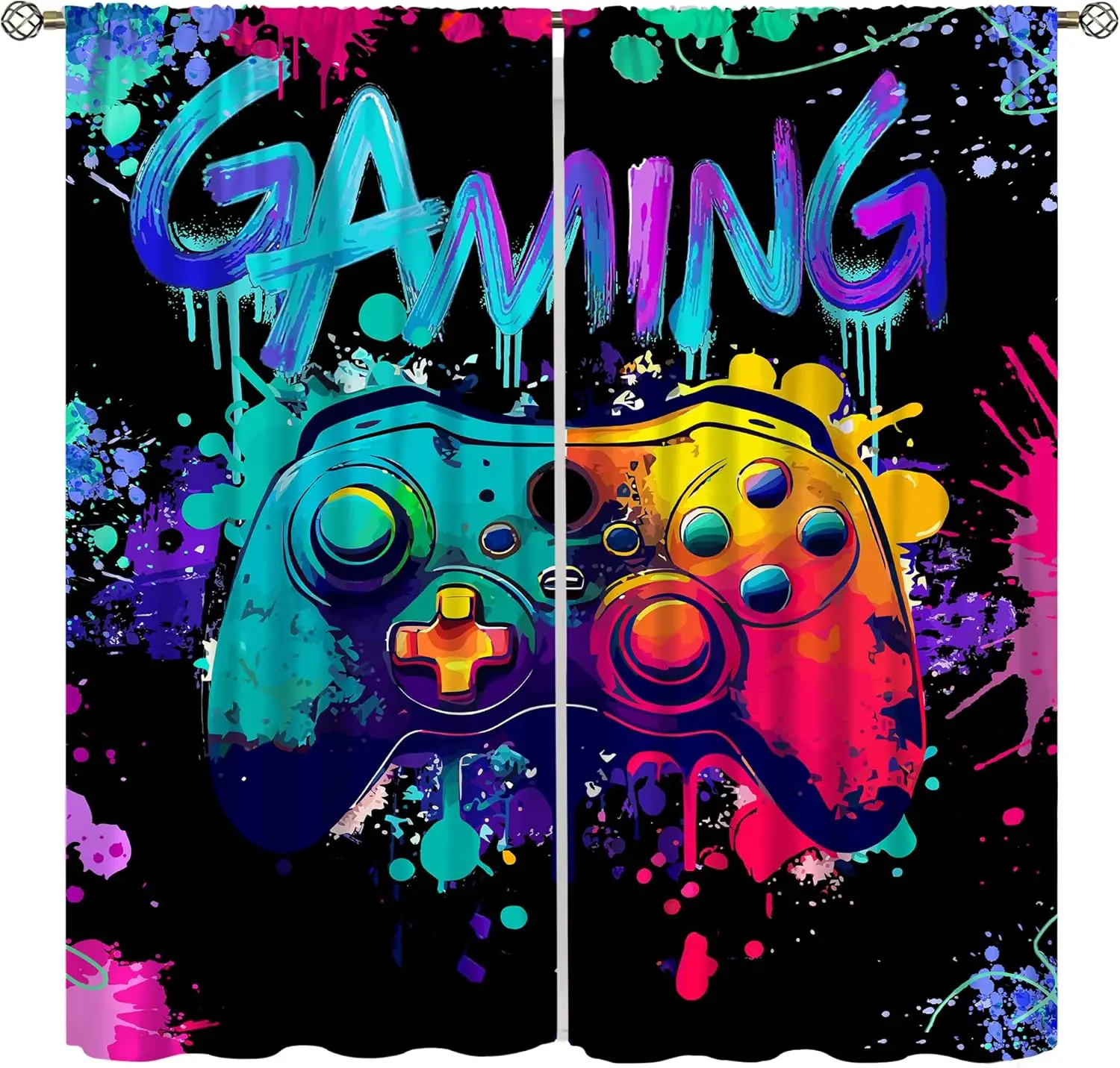 Street Graffiti Style Neon Gaming Controller Blackout Rod Pocket Curtain Color Ink Splash Modern Cool Decor Gamer Homestay