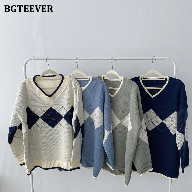 BGTEEVER Casual V-neck Warm Knitwear Autumn Winter Women Sweater Argyle Patchwork Ladies Pullovers Jumpers Loose