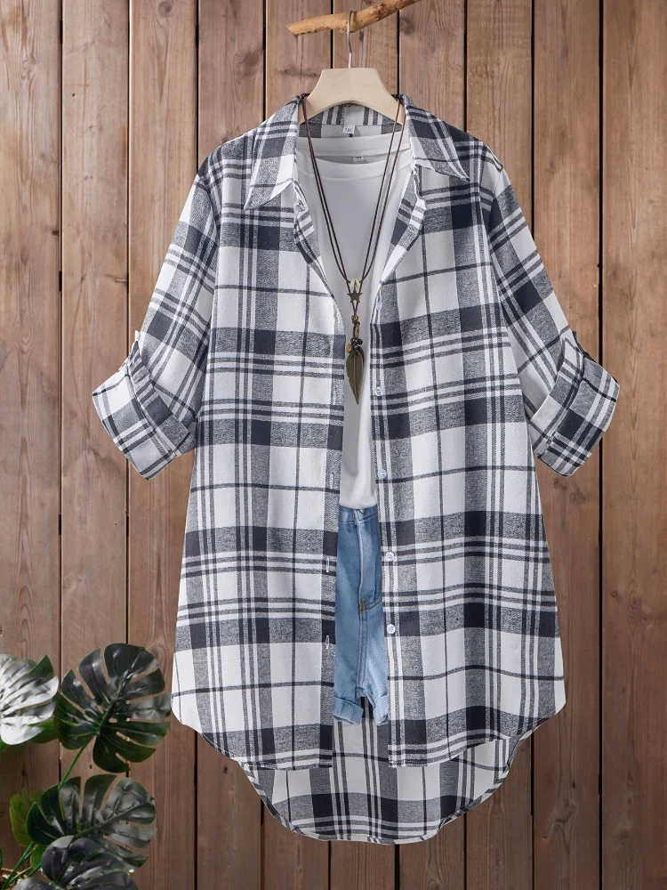 

Женская рубашка больших размеров высокого качества, новинка 2025 года, популярная свободная клетчатая рубашка, блузки, повседневная дышащая дизайнерская женская верхняя одежда с длинными рукавами