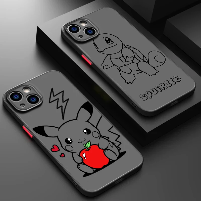 P-Pikachu And Johnny Turtle Frosted Translucent For Apple iPhone 15 14 13 12 11 XS XR X 8 7 SE Pro Max Plus Mini Matte