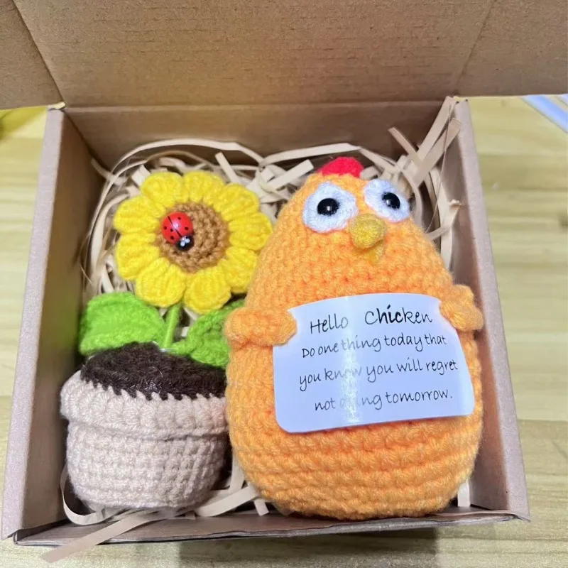 Vendita calda Divertente set di peluche all'uncinetto: pulcino, ape e tartaruga con fioriera di girasole, giocattoli lavorati a maglia fatti a mano e regalo decorativo