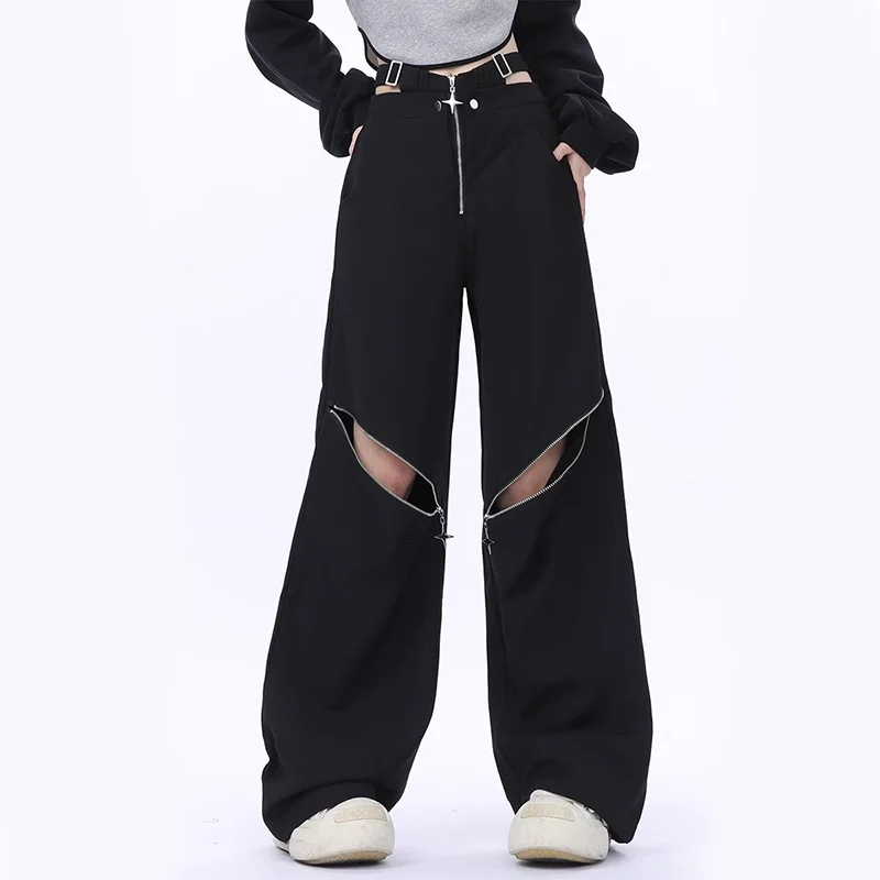 Y2K Fashion Zipper Cargo Pants Women Korean High Waist Streetwear Loose Hollow Out Wide Leg Pants Ins Tide All Match Trousers