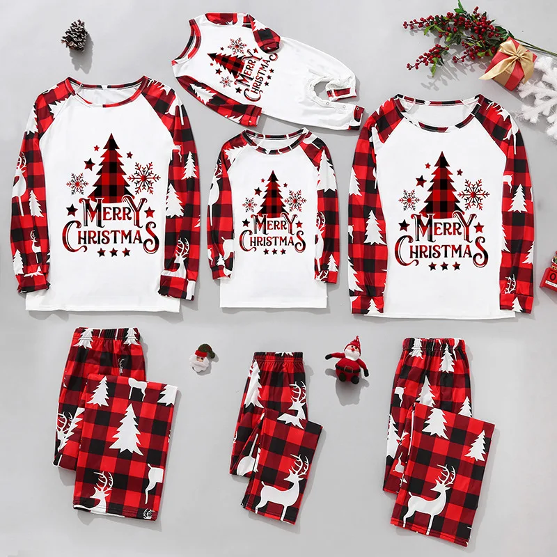 

2024 Christmas Family Matching Pajamas Set Christmas Tree Letter Cute Deer Print Long Sleeve Tops and Plaid Pants 2 Pieces Sleep