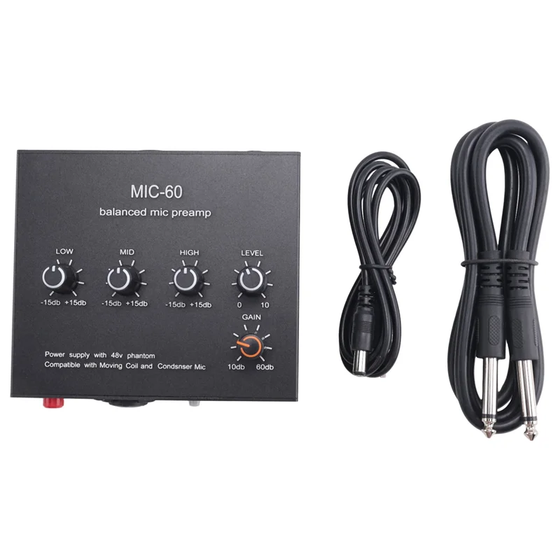 GW-MIC-60 equalizador de 3 bandas pré-amplificador de microfone balanceado com cabo DC e cabo de 6,5 mm fácil instalação fácil de usar
