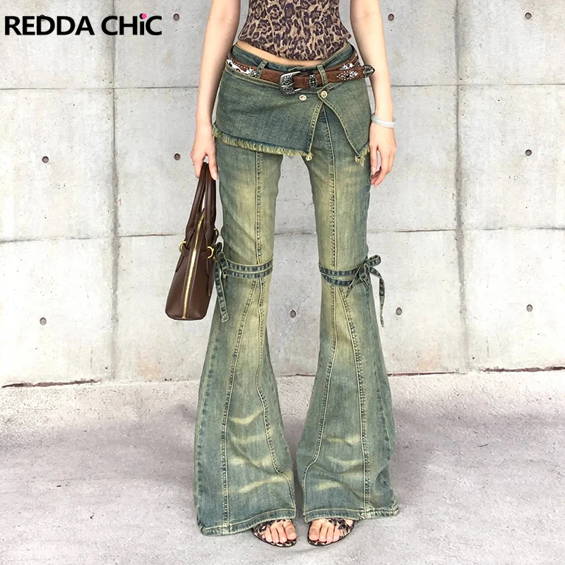 

ReddaChic Distressed Green Women's Flare Jeans with Coverups Whiskers Bandage Stretch Denim Bootcut Pants Vintage Y2k Streetwear
