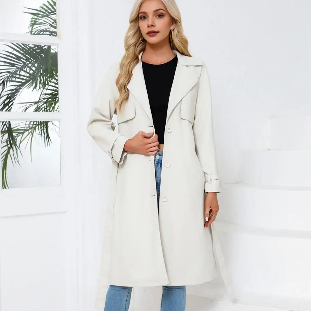 Fall Winter Women Coat Faux Leather Mid Length Pure Color Lace-up Belted Waist Button-down Windproof Outdoor Shopping Jacket